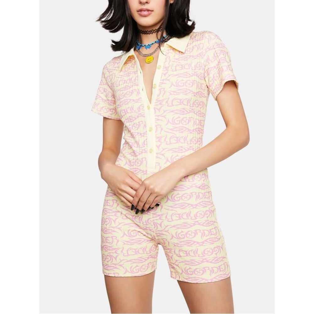 NWOT New Girl Order Yellow/ Pink Ribbed Knit Kawaii Bubble Core Romper Size 12